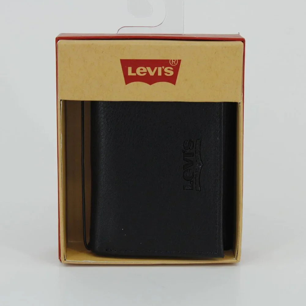 NWT‎ Levi’s Men's Black Genuine Leather Trifold Wallet - New in Box